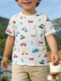 Children's Cartoon Car & Dinosaur Print Crew Neck Short Sleeve T-Shirt