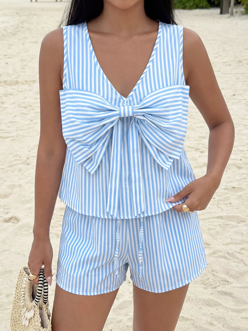 Striped Bowknot Sleeveless Top & Shorts Set