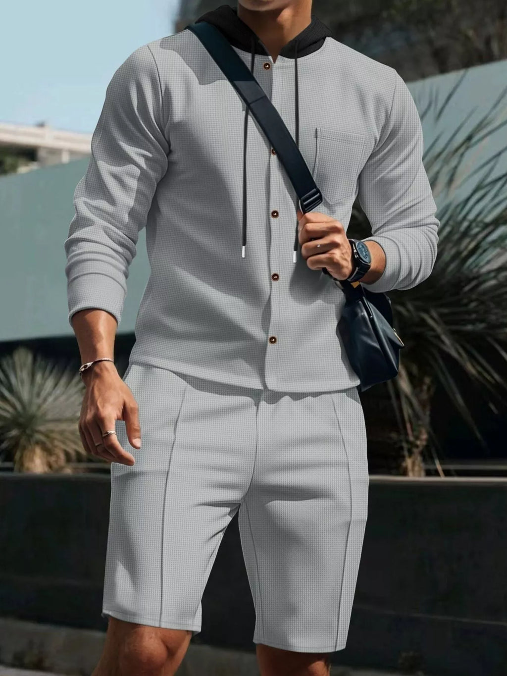 Men's Full Size Casual Hooded Button-Up Top and Shorts Set Plus Size