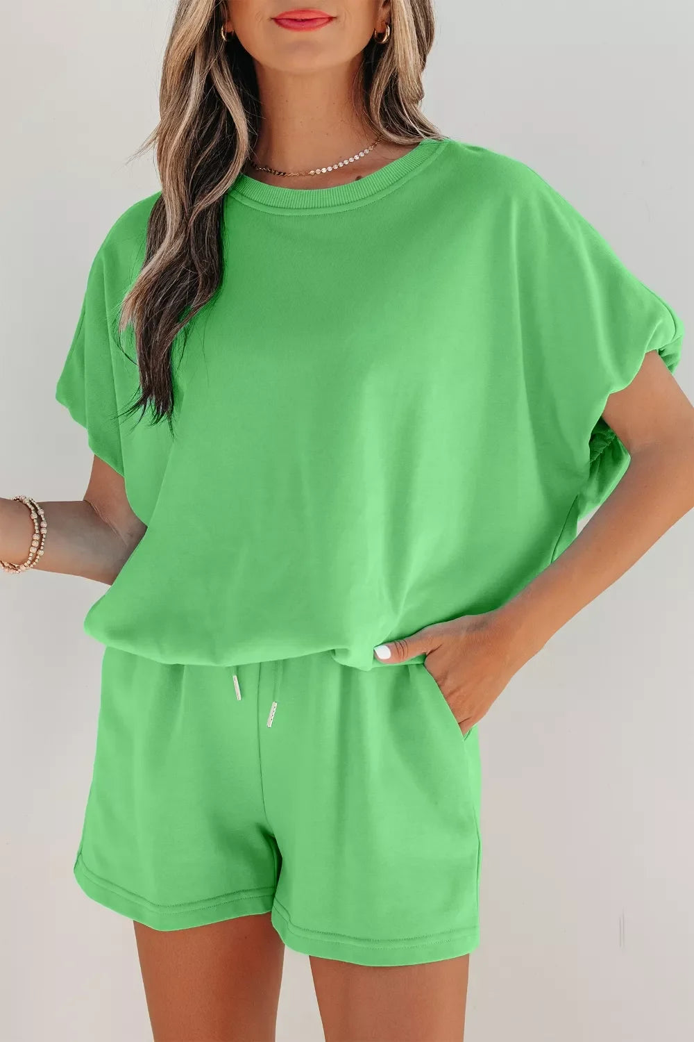 Solid Color Puffy Loose Top Drawstring Shorts 2pcs Outfit