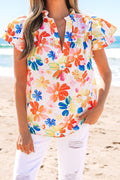 Ruffled Printed Notched Cap Sleeve Blouse