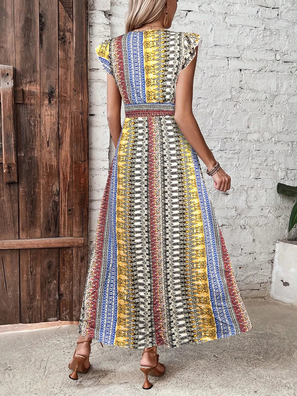 Boho Print Ruffle Sleeve Slit Dress