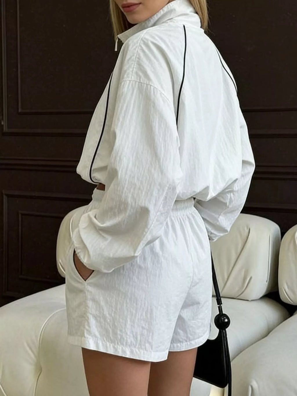 Zip Up Long Sleeve Outerwear and Shorts Set