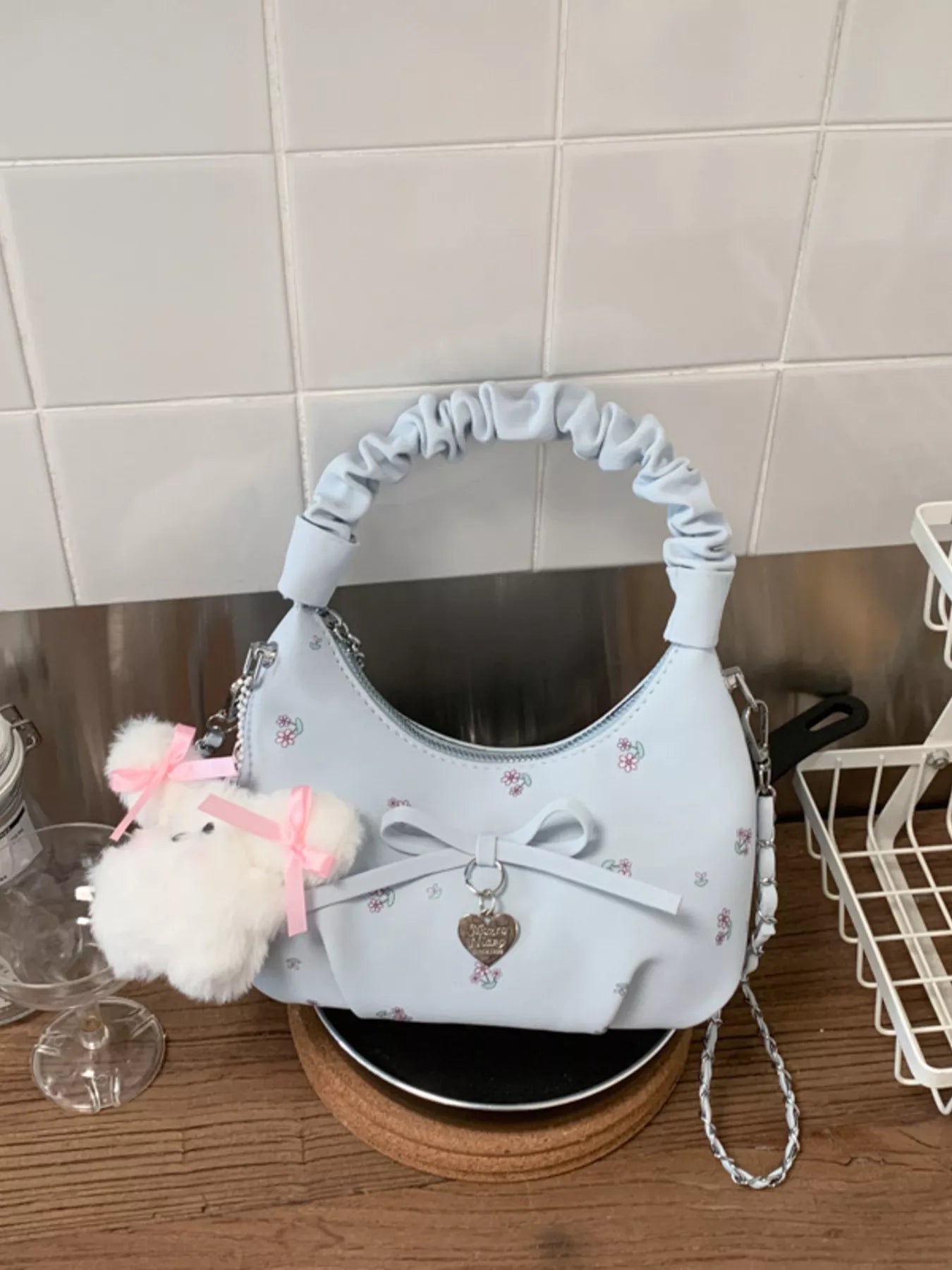 Ruched Handle Crossbody Bag with Bow