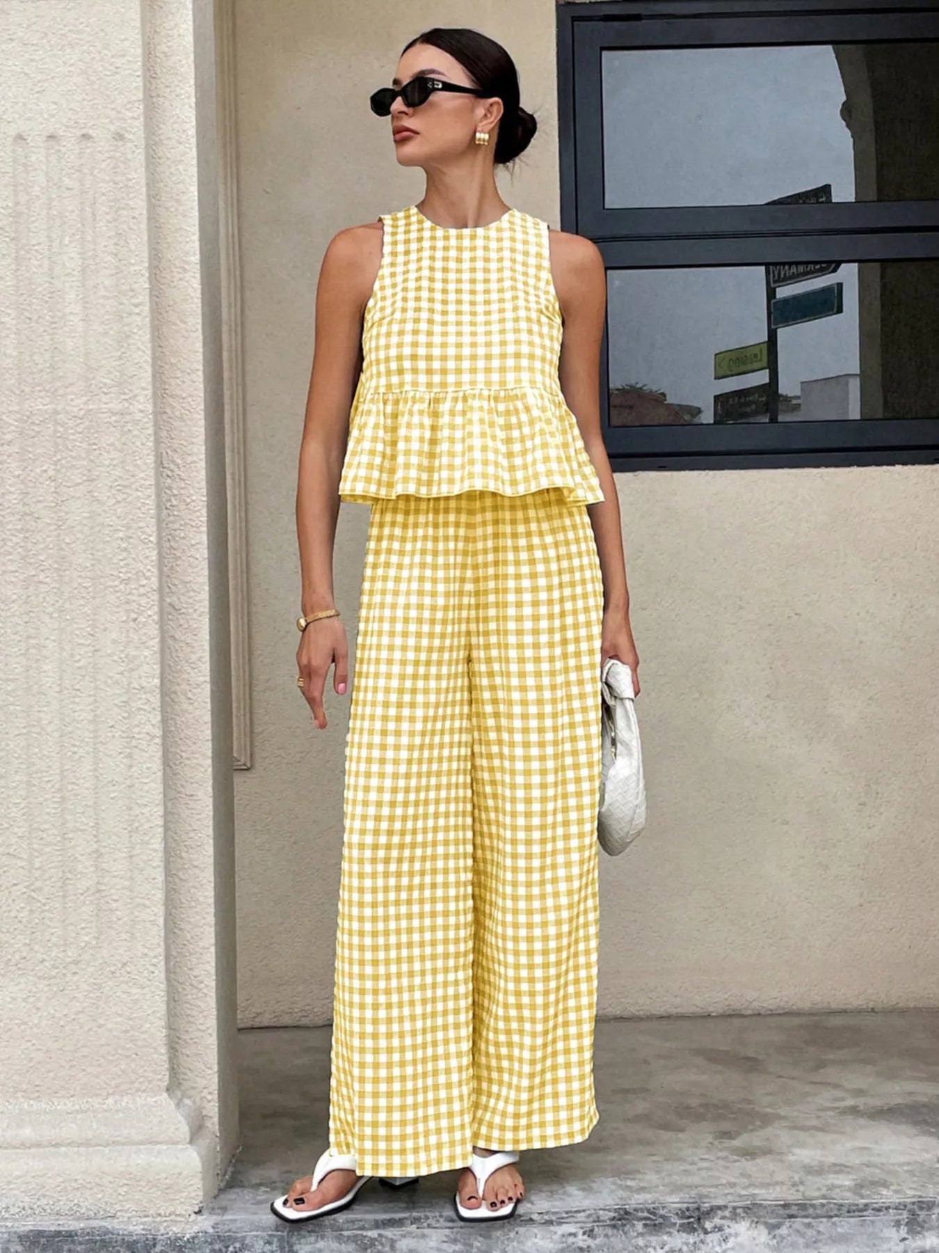 Gingham Sleeveless Top and Wide Leg Pants Set