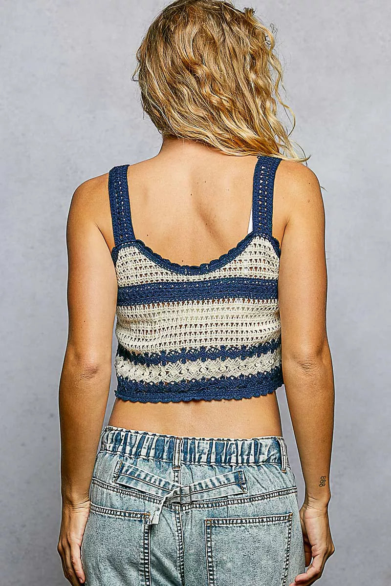POL Floral Embroidered Cropped Crochet Cami with Scalloped Hem