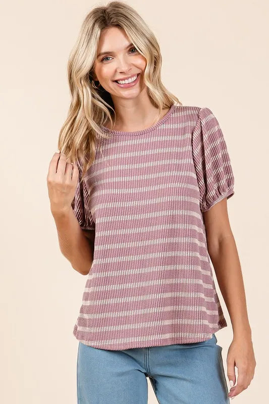 Mittoshop Contrast Striped Short Puff Sleeve Knit Top