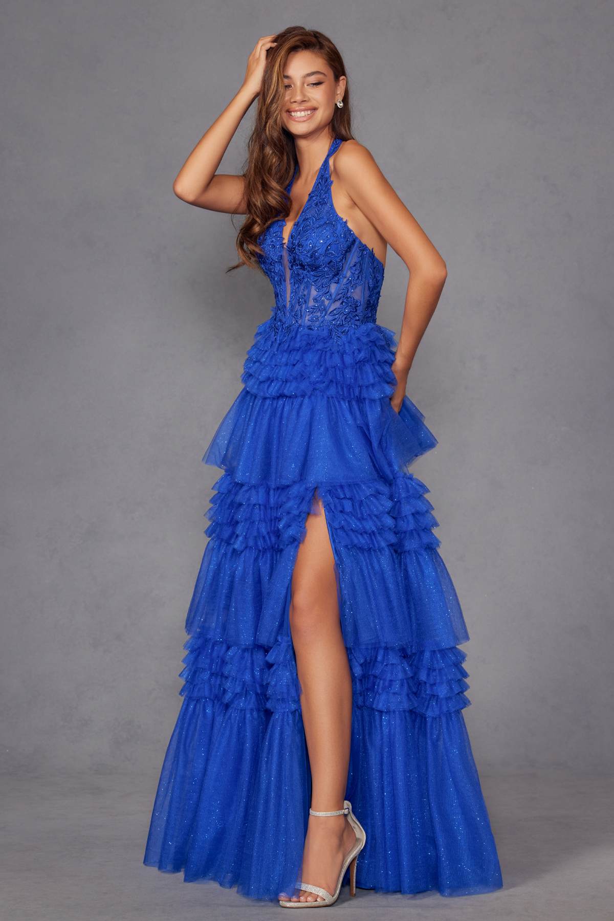 Juliet JT2556S Halter V-Neckline Layered Tulle Slit A-Line Gown