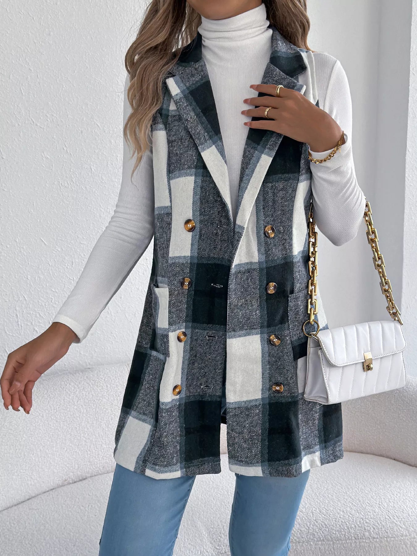 Plaid Double-Breasted Vest Coat
