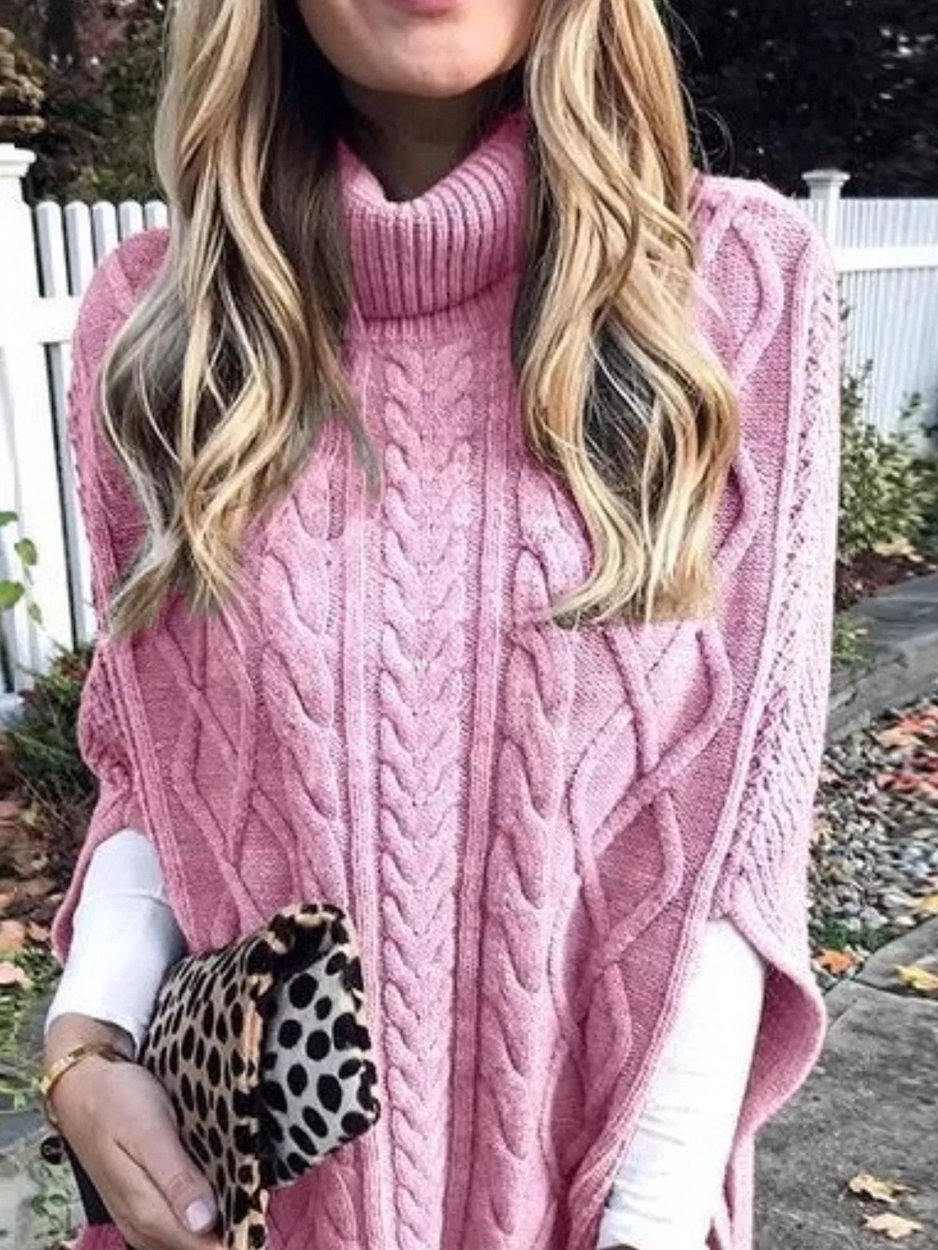 Chunky Cable Knit Turtleneck Poncho Cover Up