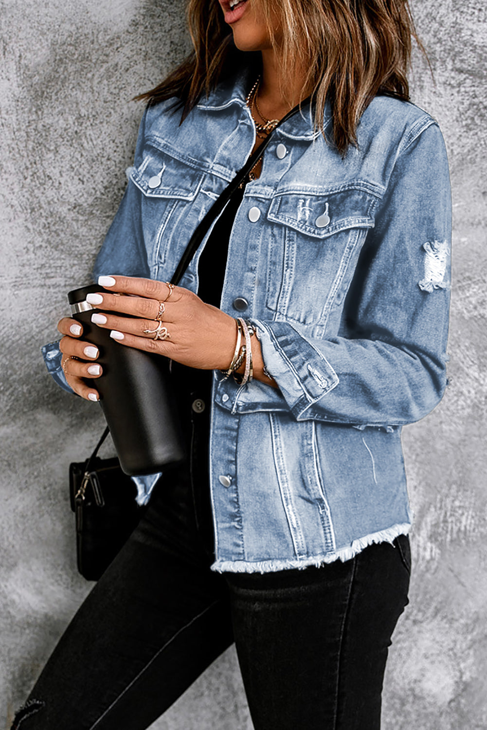 Distressed Raw Hem Buttons Denim Jacket