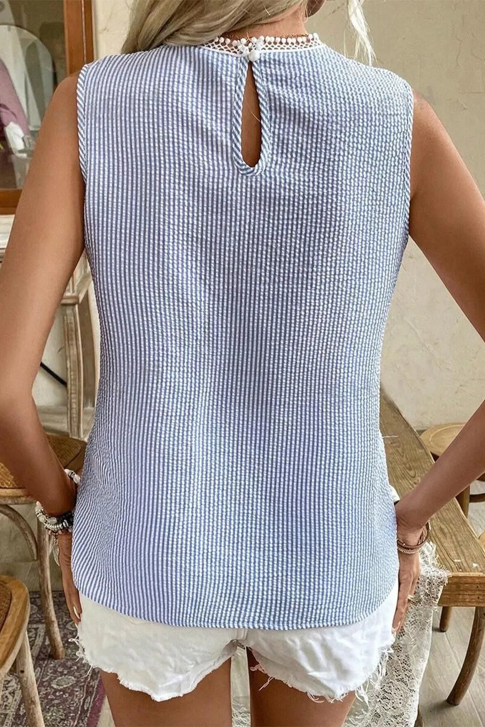 Stripe Lace Patchwork Crew Neck Sleeveless Top