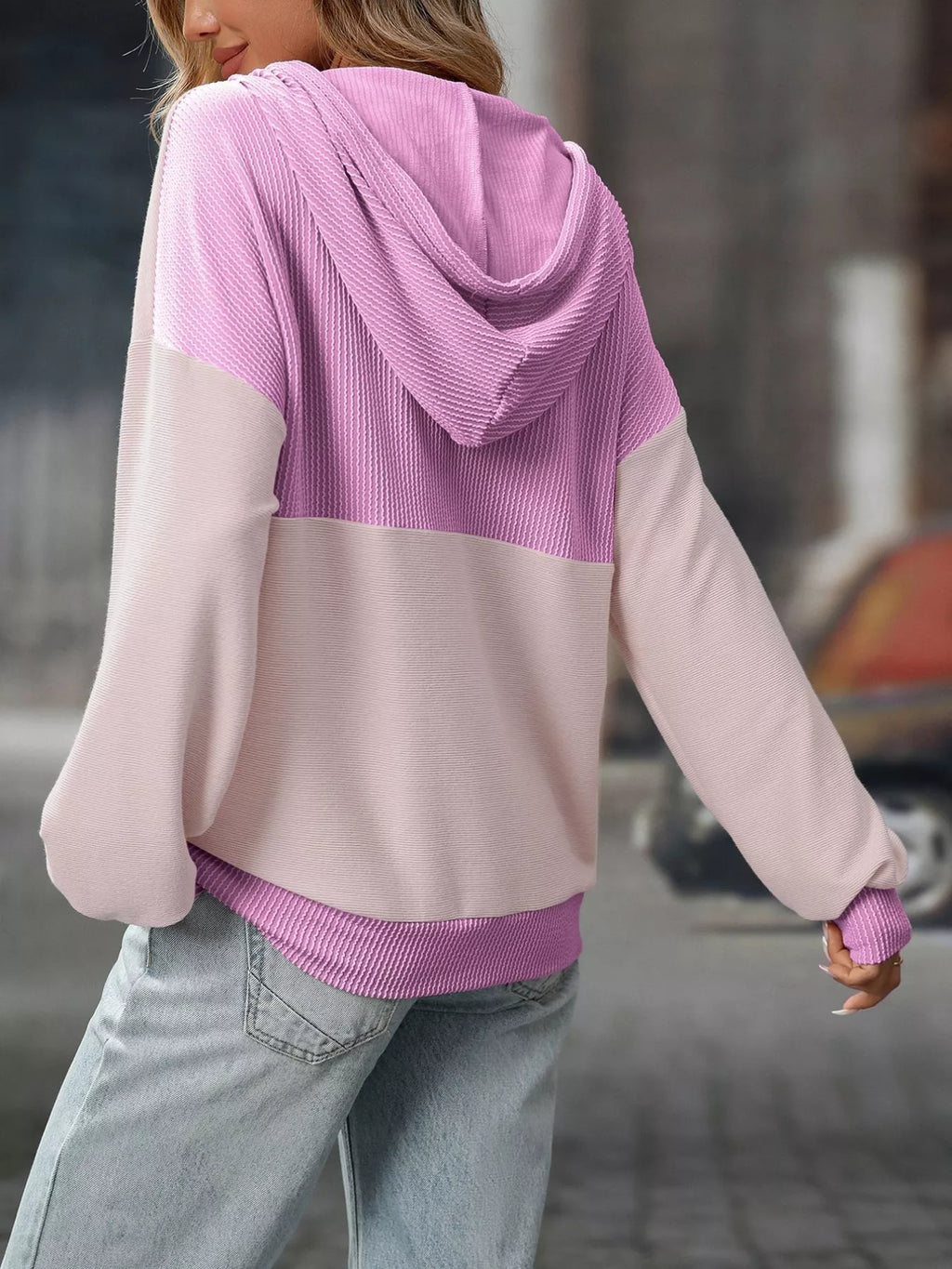 Casual Color Block Button Detail Hoodie