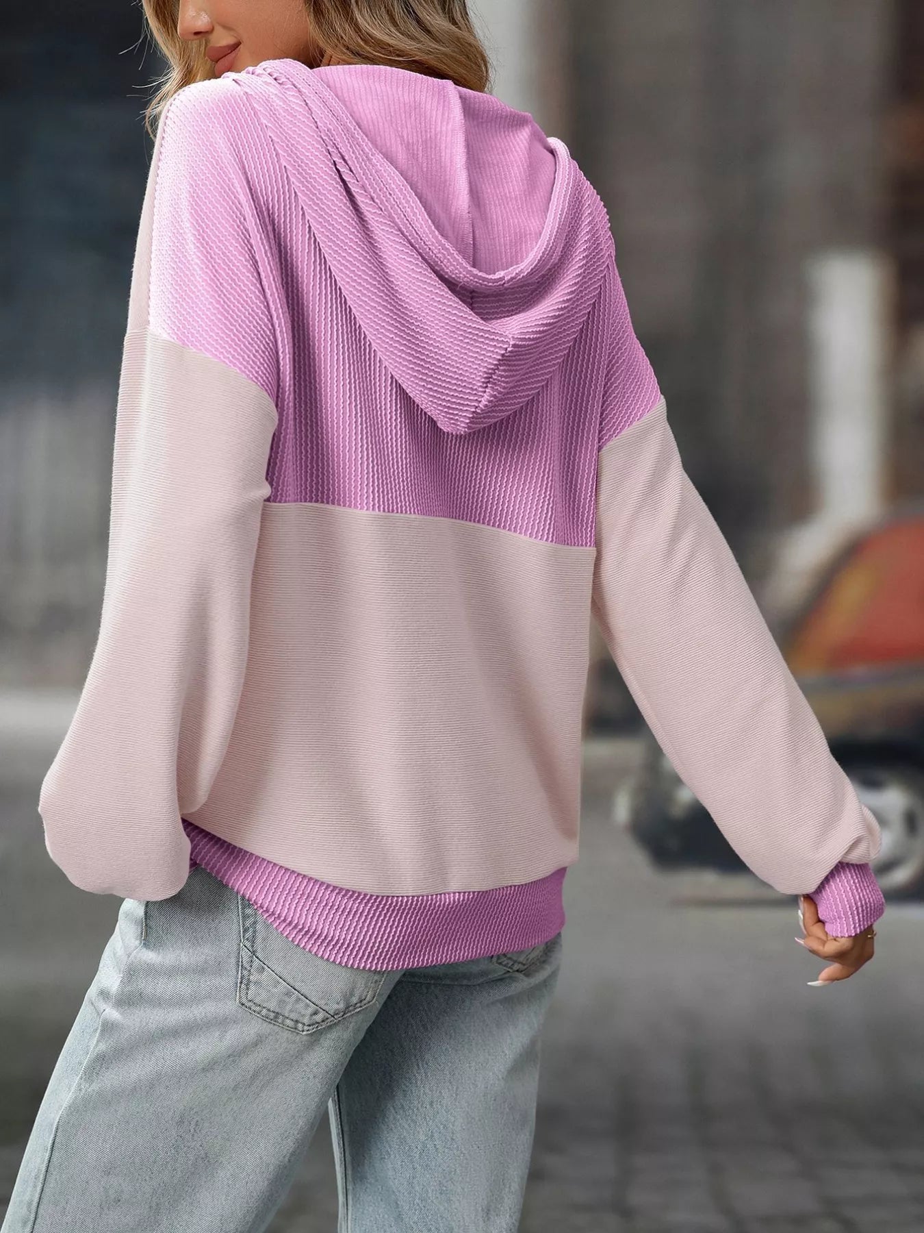 Casual Color Block Button Detail Hoodie