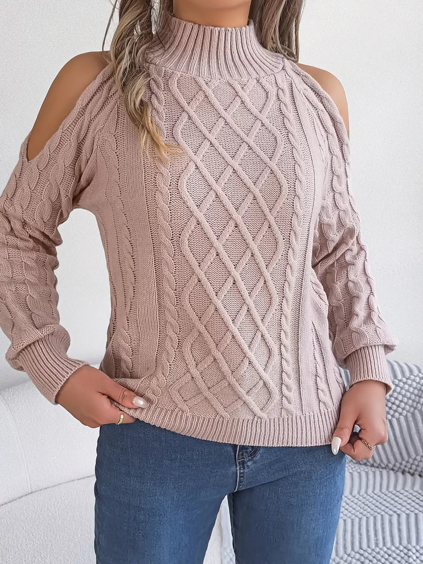 Cable Knit Cold Shoulder Turtleneck Sweater