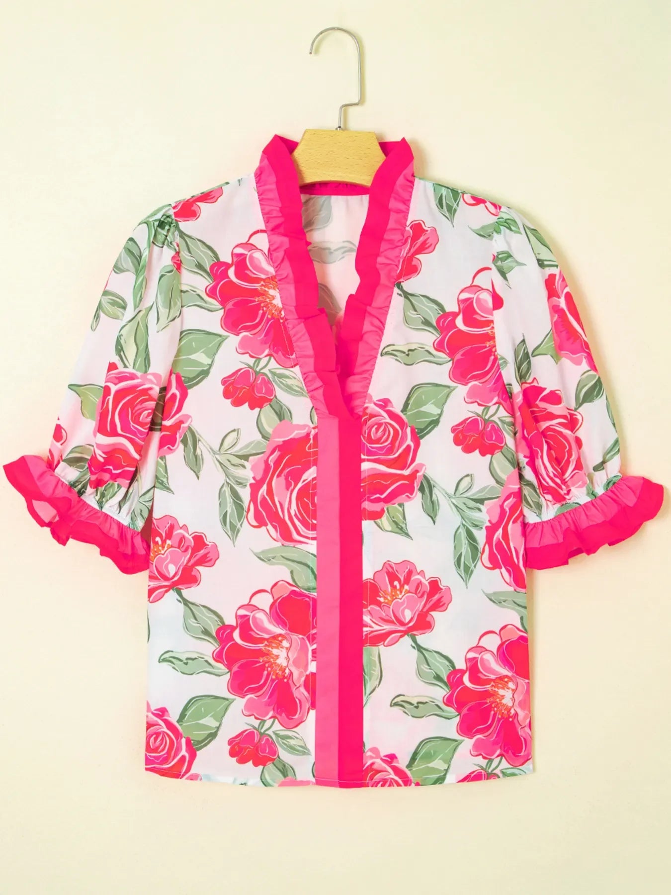 Floral Frilled V Neck Short Sleeve Blouse