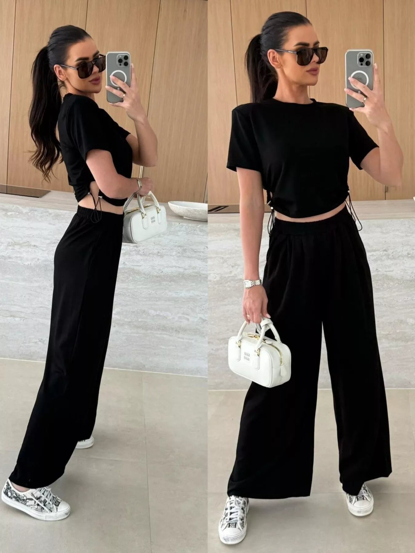 Drawstring Crop Top and Wide-Leg Pants Set