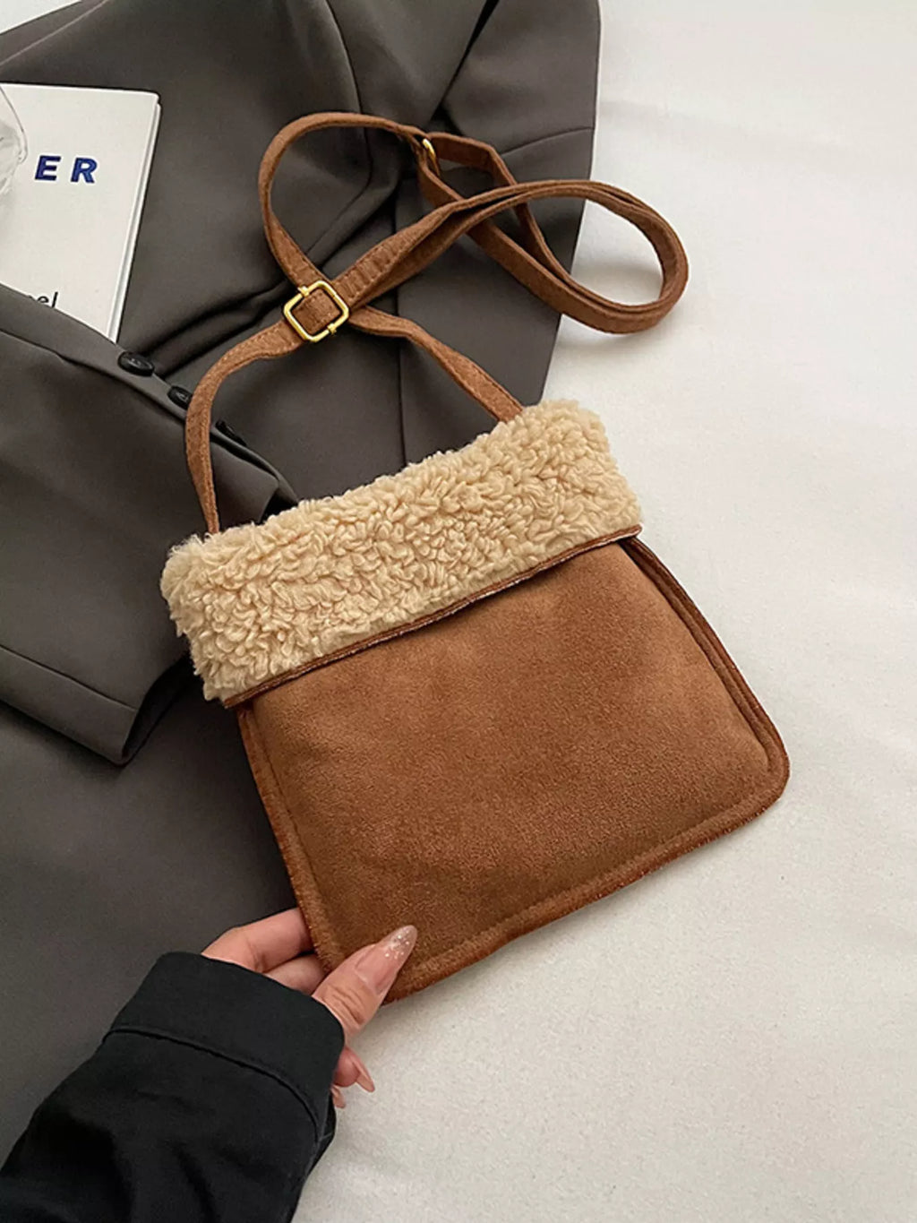 Teddy Bear Charm Plush Trim Crossbody Bag