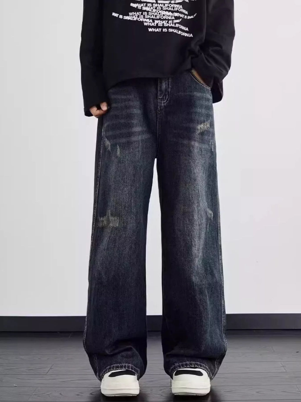 Men's Full Size Distressed Wide Leg Jeans Plus Size