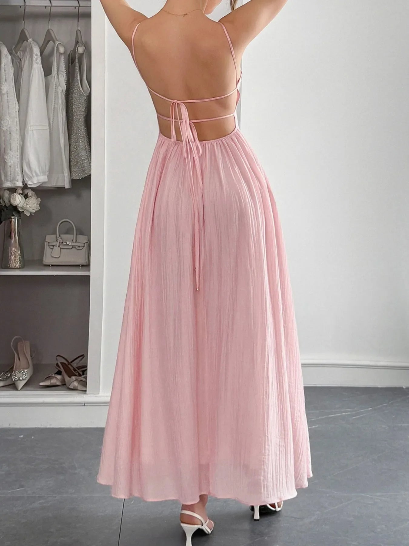 Texture Sweetheart Neck Backless Cami Dress