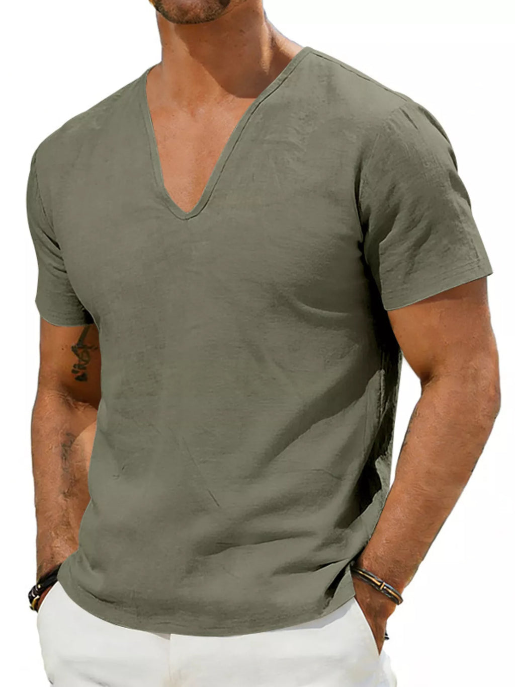 Men's Full Size Casual V-Neck Linen T-Shirt Plus Size