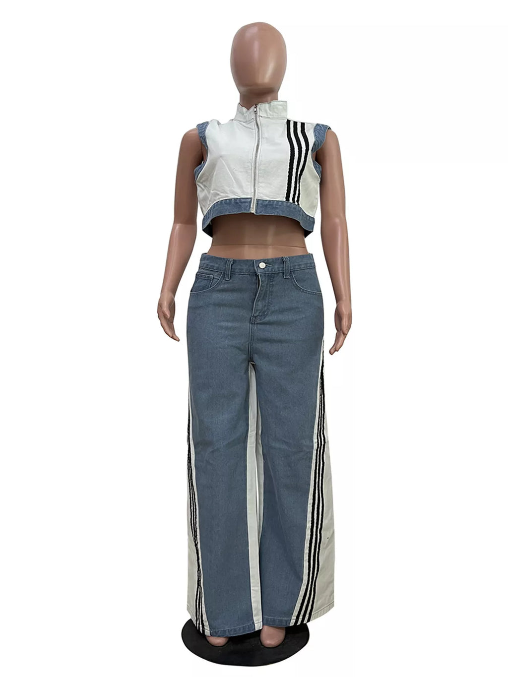 Zip Front Crop Top and Striped Pants Set