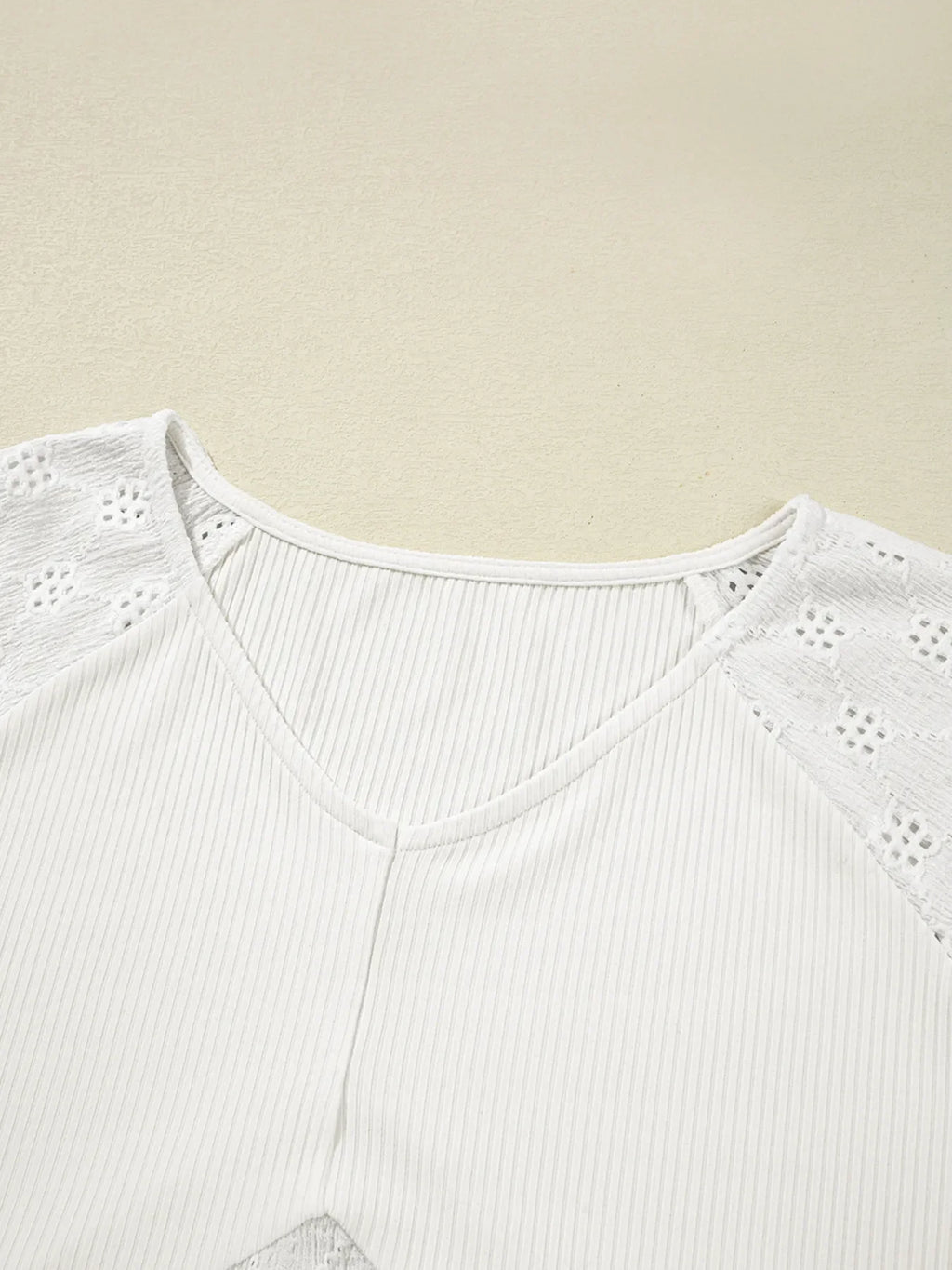 Eyelet Embroidered Loose V Neck Long Sleeve Top