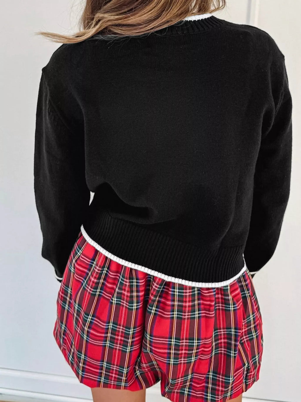 Contrast Trim Bow Accent Holiday Cropped Sweater