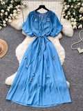 Floral Decor Tie Waist Puff Sleeve Dress