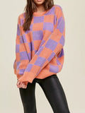 Checkerboard Chic Round Neck Sweater
