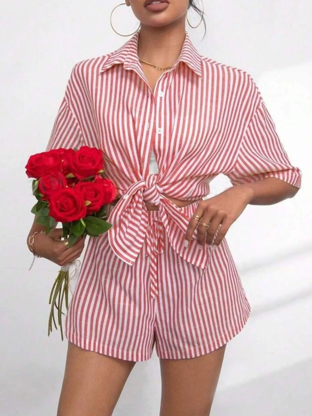Striped Button Up Shirt and Shorts Casual Set