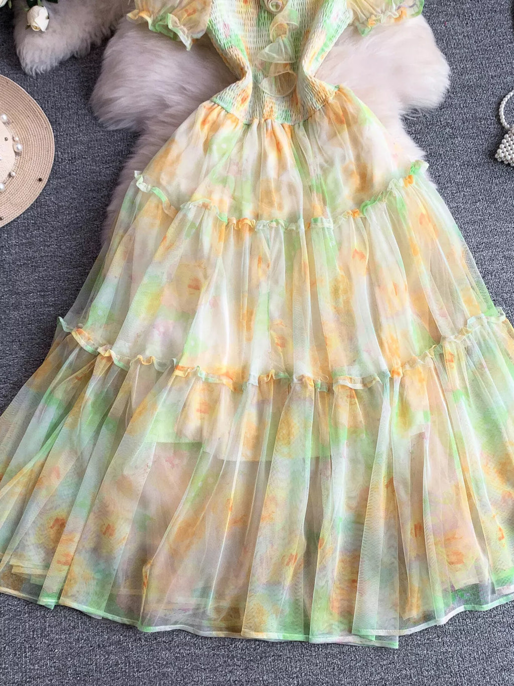 Smocked Floral Tiered Mesh Midi Dress