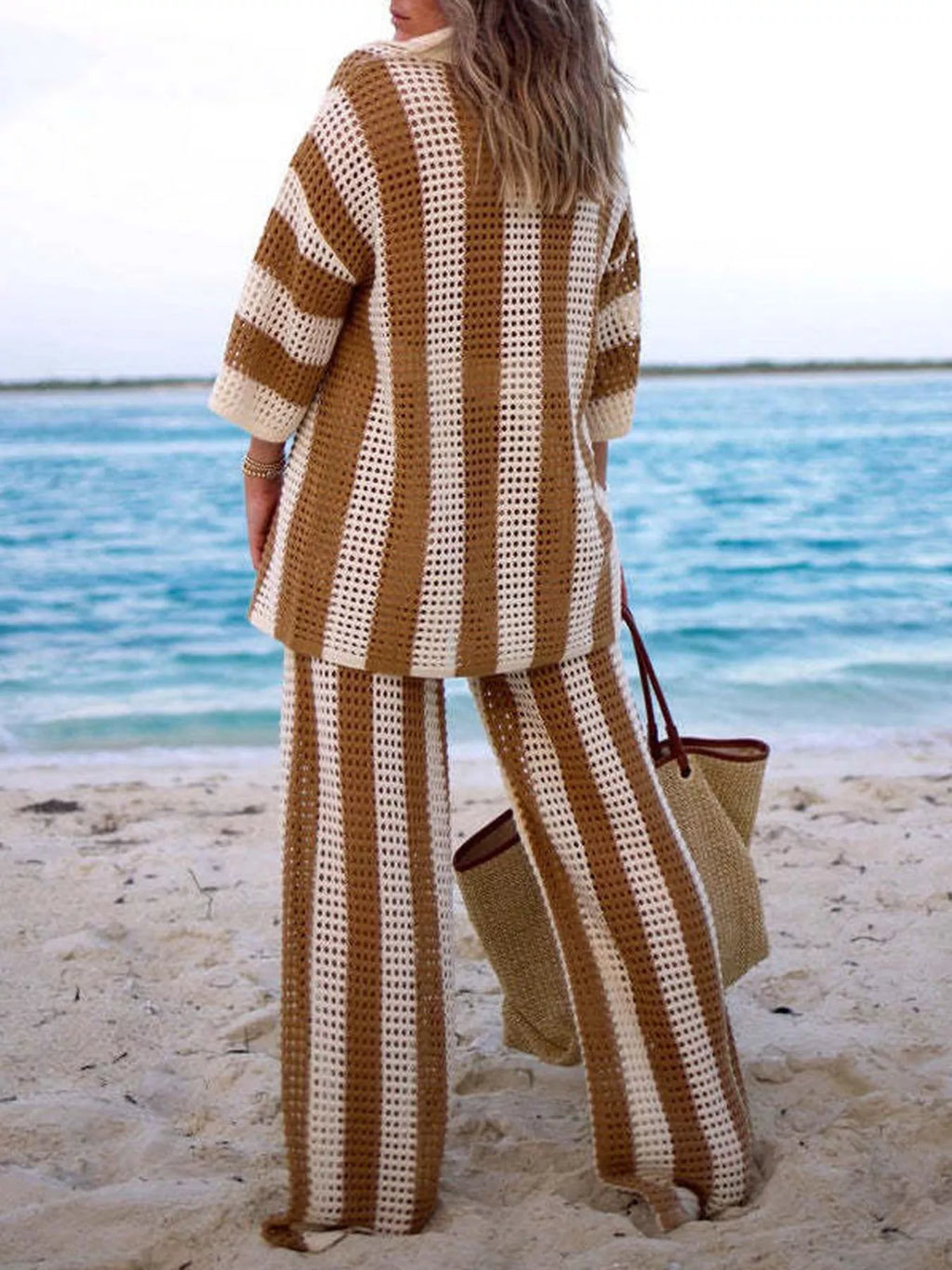 Striped Crochet Knit Shirt and Pants Set