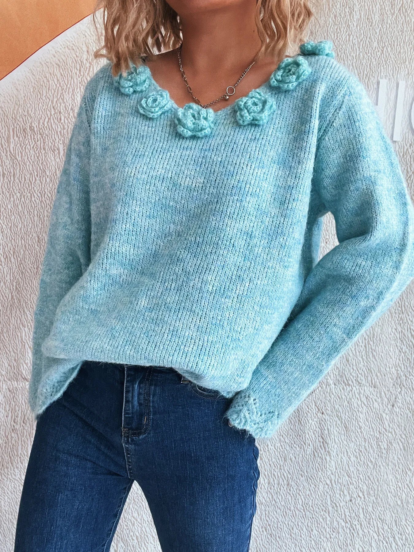 Flower V-Neck Long Sleeve Sweater