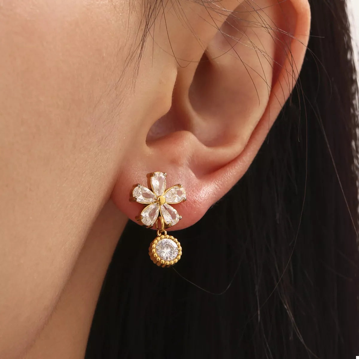 18K Gold-Plated Stainless Steel Zircon Flower Drop Earrings