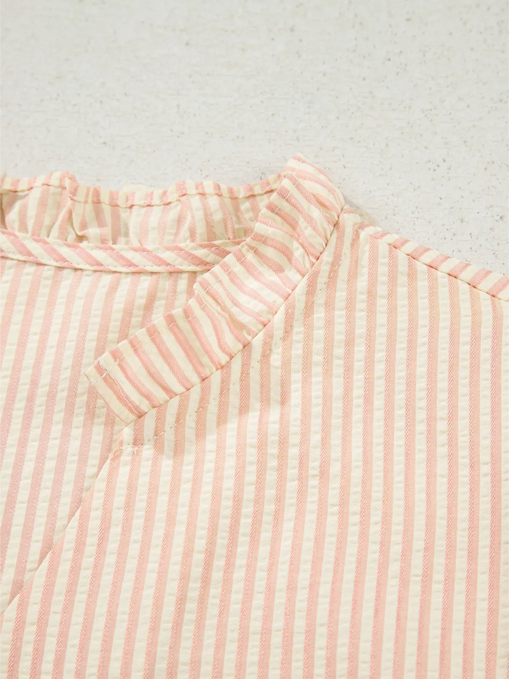 Stripe Bow Knot Cuff Pearl Embellished Puff Sleeve V Neck Blouse