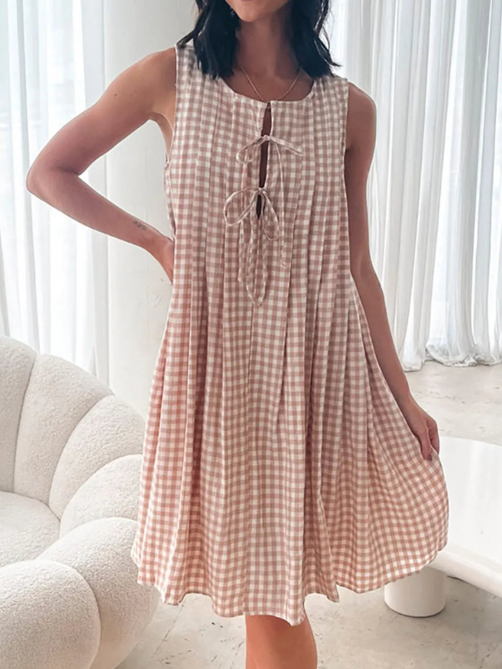 Tied Front Sleeveless Plaid Dress