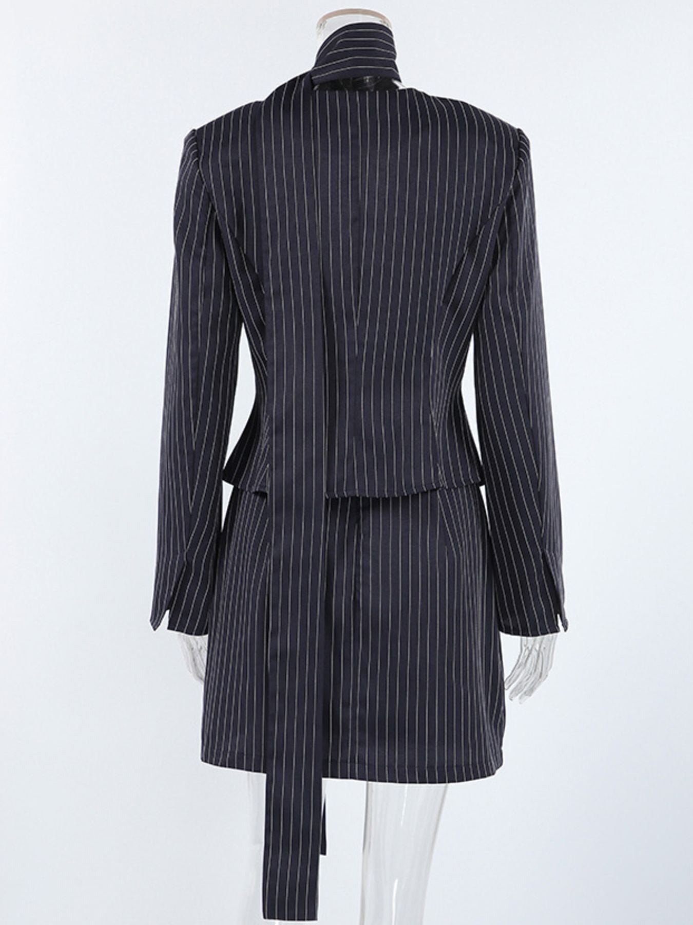 Striped Blazer & Mini Skirt Set with Neck Tie