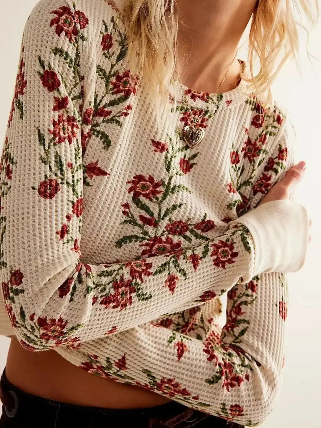 Floral Print Waffle Knit Top