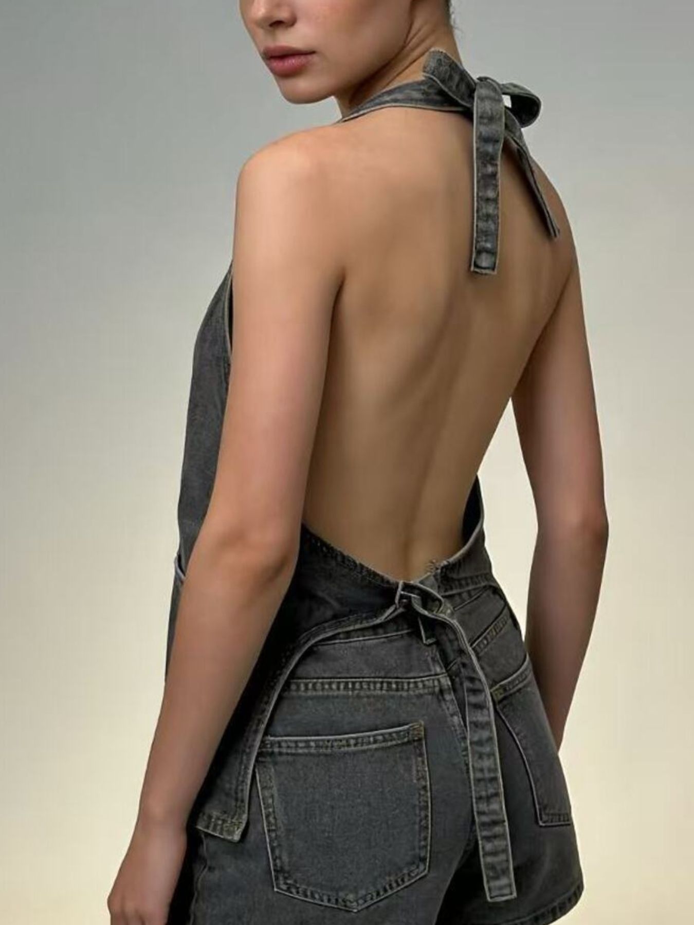 Halter Neck Button-Down Denim Vest