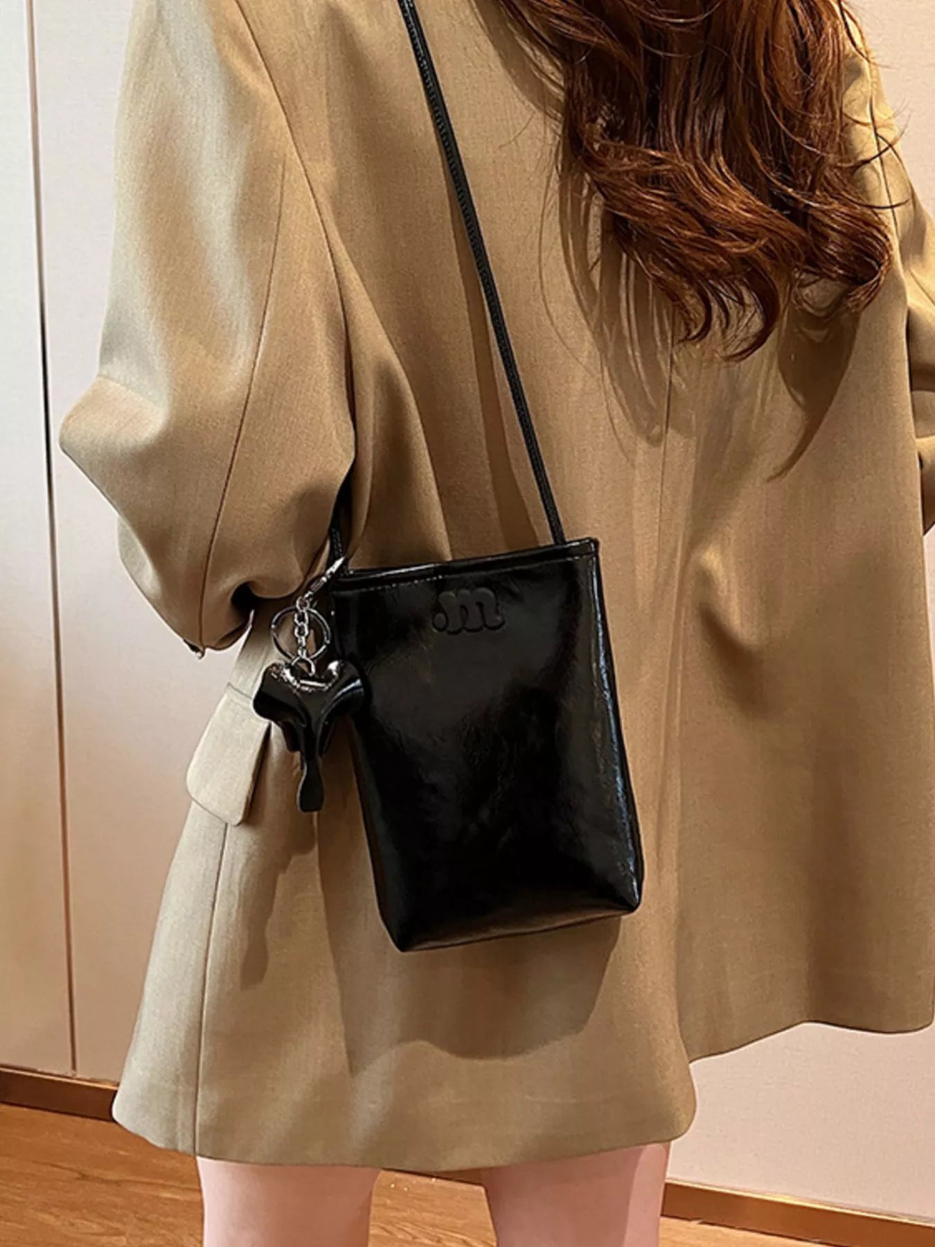 Minimalist PU Leather Crossbody Bag with Elephant Charm