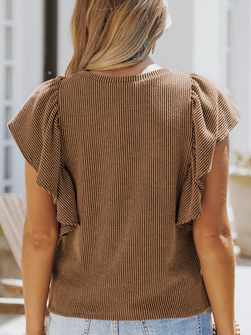 Full Size Ruffled Sleeve Ribbed Knit T-Shirt Plus Size