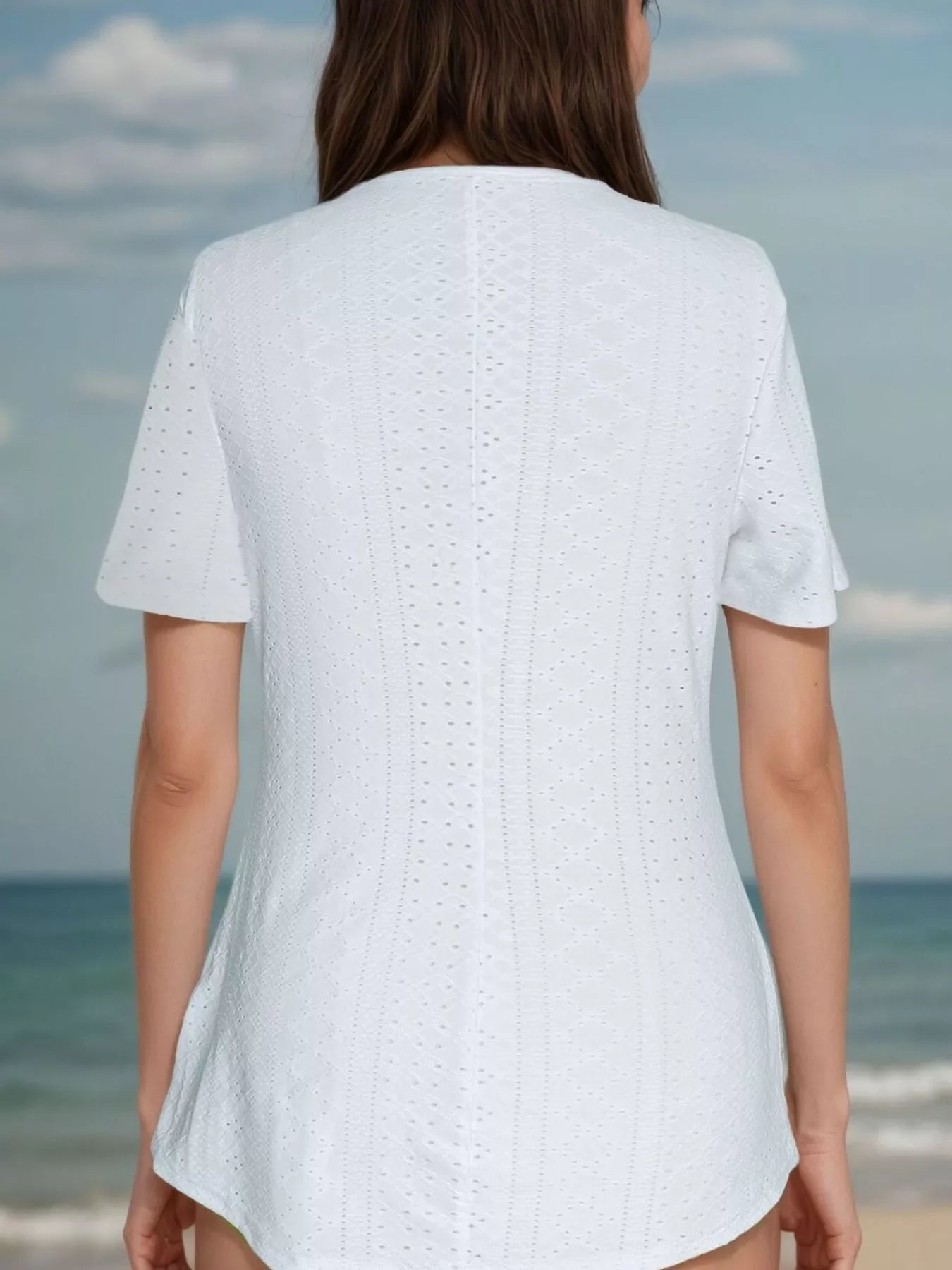 Lace Detail Eyelet Short Sleeve Top