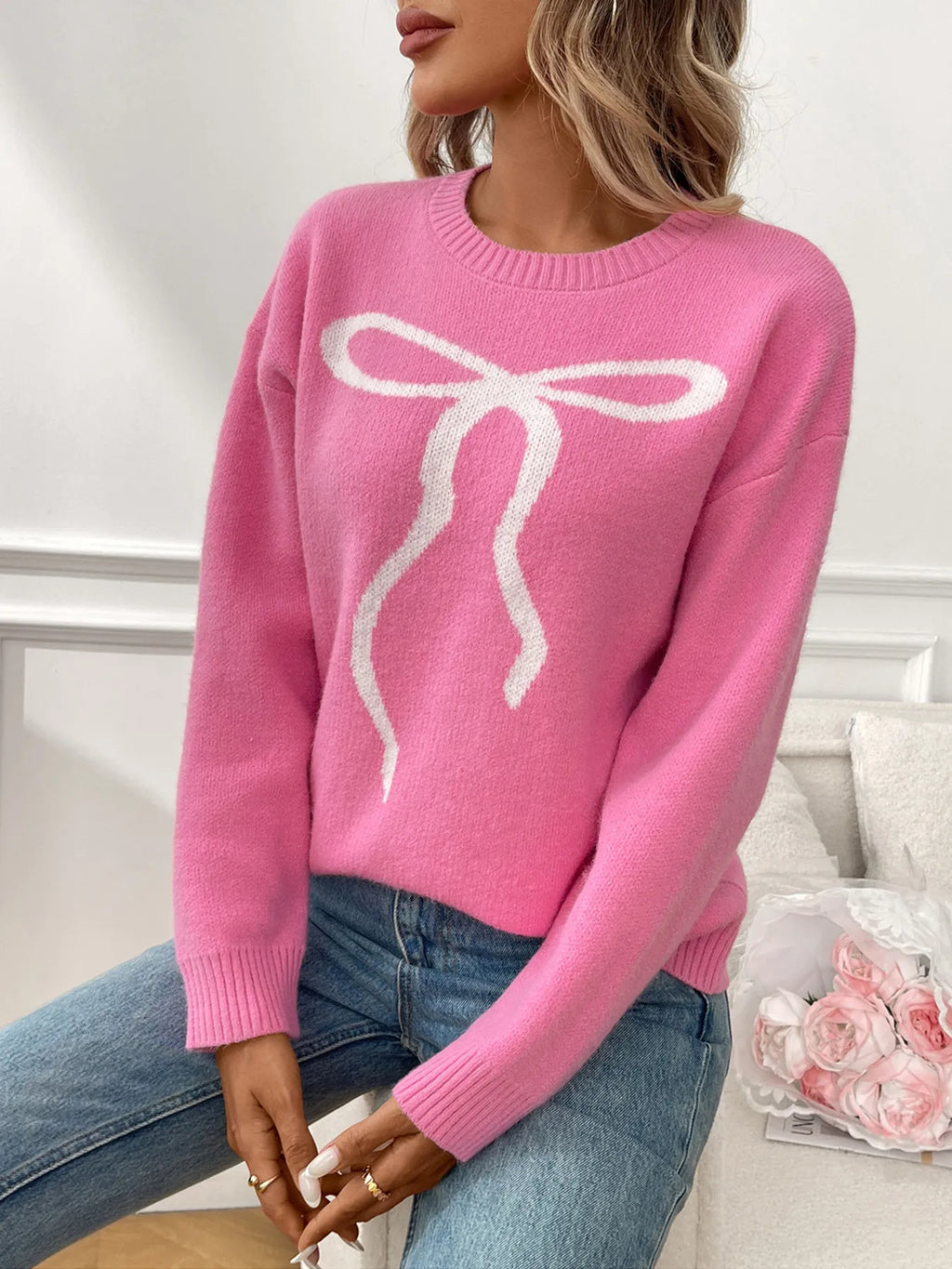Bow Graphic Ribbed Hem Round Neck Sweater