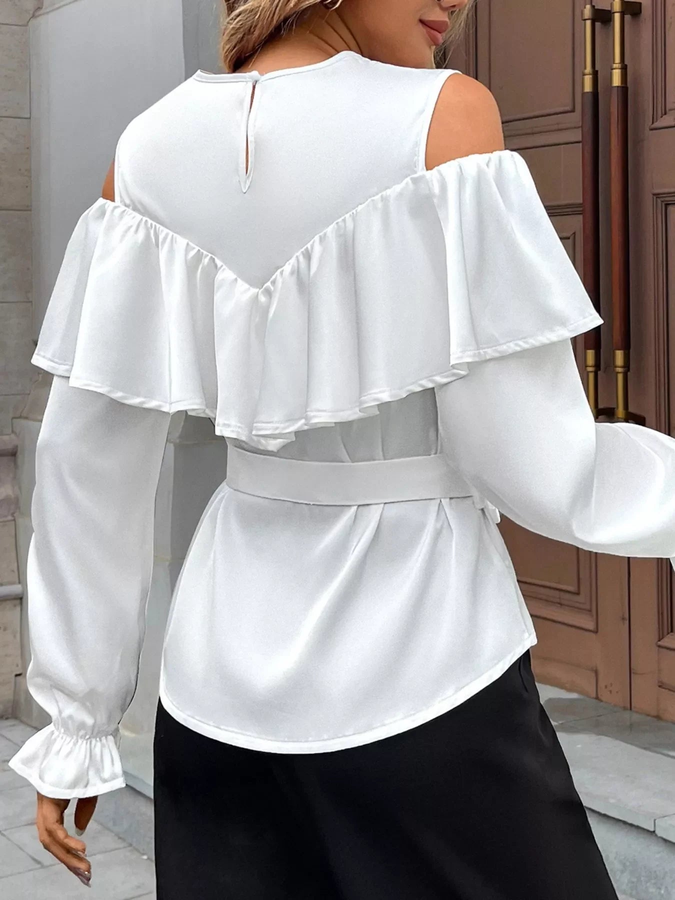Ruffled Cold Shoulder Flounce Sleeve Blouse