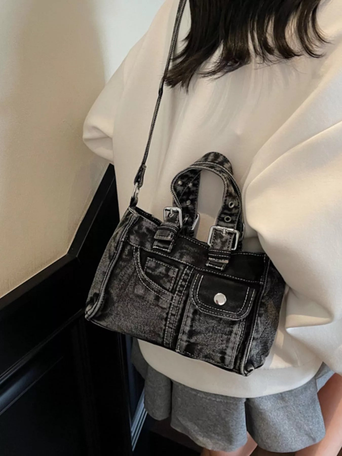 Vintage Washed Denim Crossbody Bag