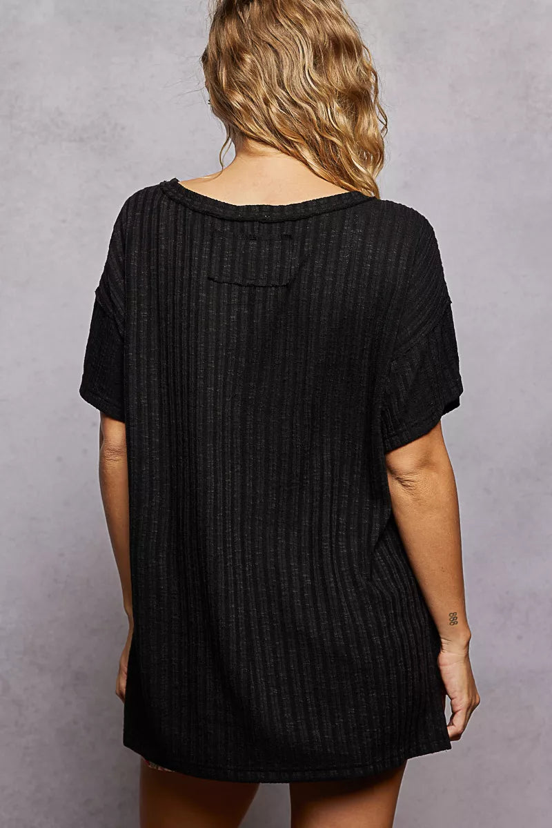 POL Ribbed Knit V-Neck Short Sleeve T-Shirt