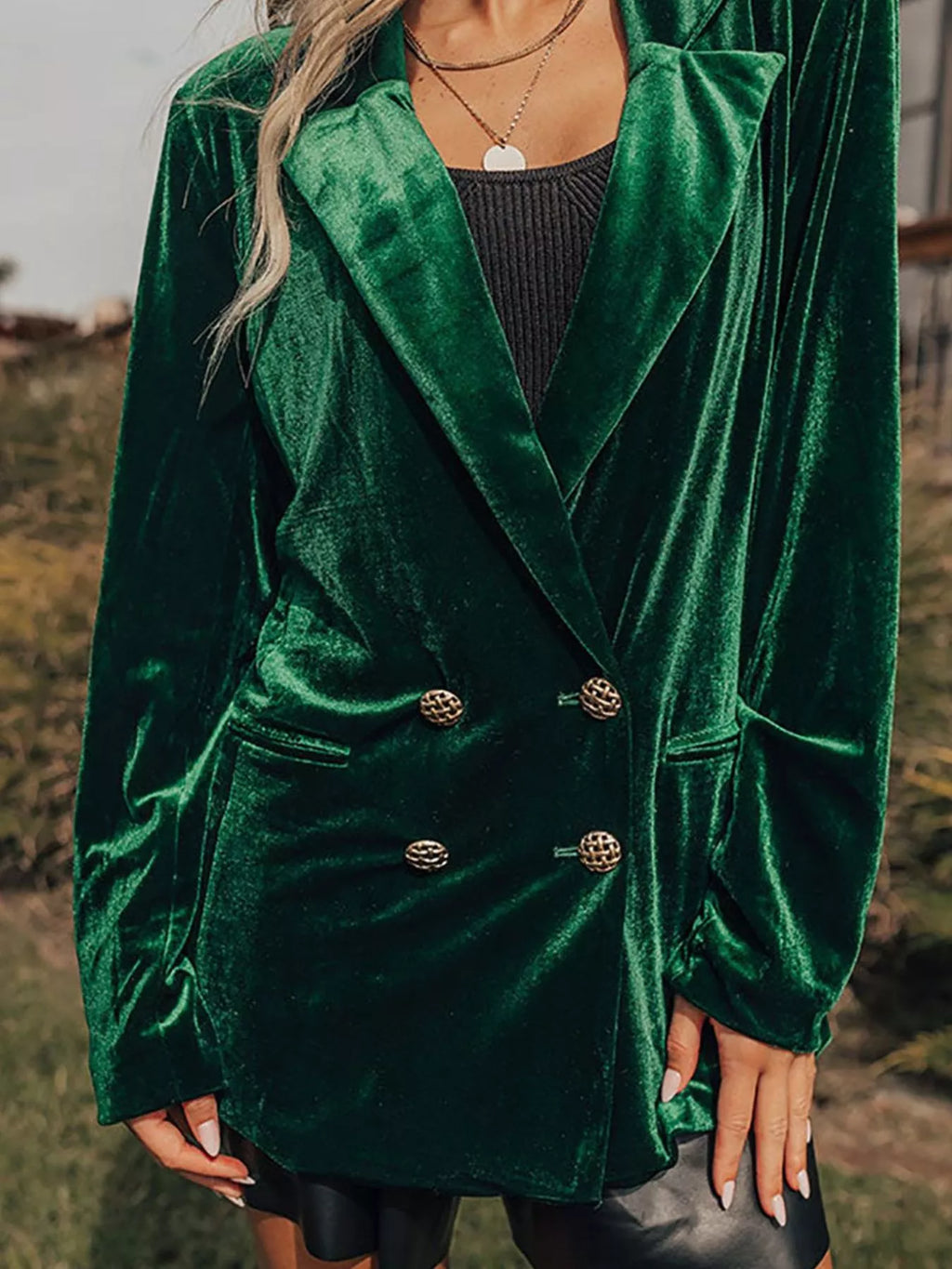 Velvet Lapel Collar Button Up Blazer