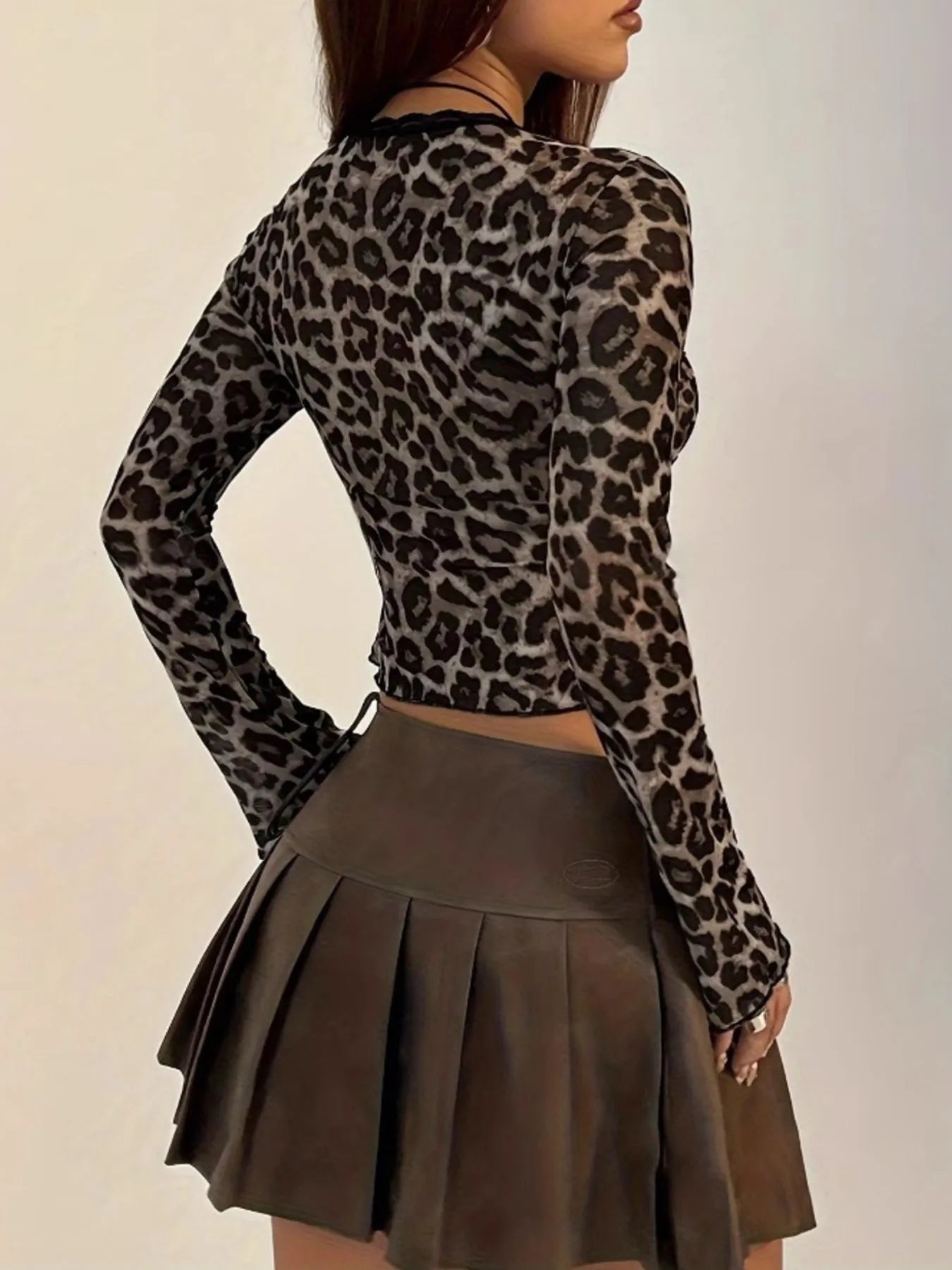 Leopard Print Long Sleeve Tie-Front Top
