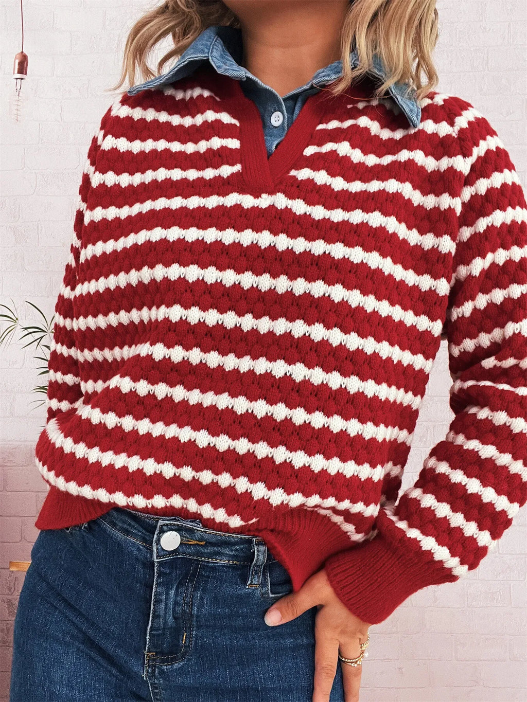 Contrast Striped Sweater with Denim Collar
